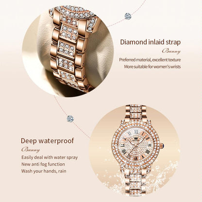 Waterproof Diamond Women Quartz Watch - Rose Gold Roman
