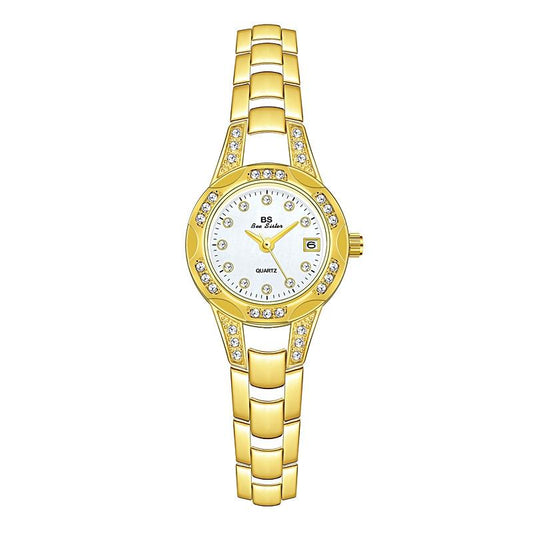 Women Diamond Chain Watch with Calendar - Small Round Design - Gold