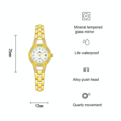 Women Diamond Chain Watch with Calendar - Small Round Design - Gold