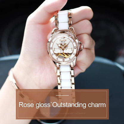 Stylish Waterproof Ceramic Mechanical Watch for Women with Diamond Accents - Black