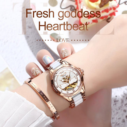 Stylish Waterproof Ceramic Mechanical Watch for Women with Diamond Accents - Black