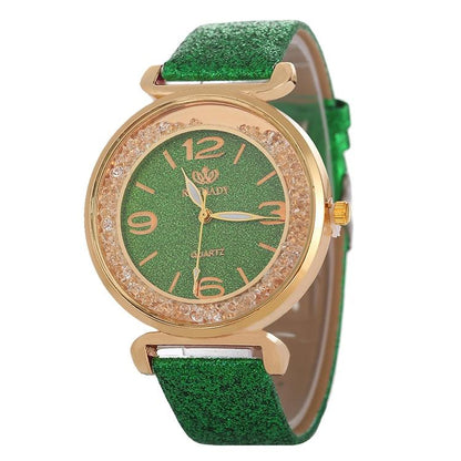 Gold Rhinestone Quartz Watch with Pu Leather Strap for Women - Green