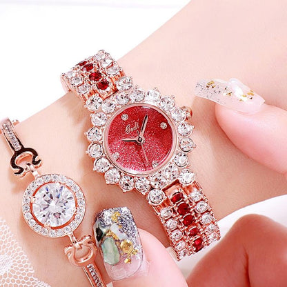Women Quartz Bracelet Watch with Diamond Accents - Golden Shell Black Plate