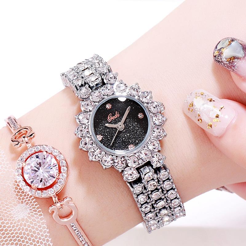 Women Quartz Bracelet Watch with Diamond Accents - Golden Shell Black Plate