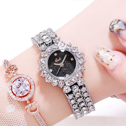 Women Quartz Bracelet Watch with Diamond Accents - Golden Shell Black Plate