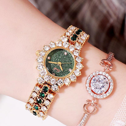 Women Quartz Bracelet Watch with Diamond Accents - Golden Shell Black Plate