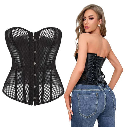 Transparent Gothic Corset With Thong Plus Size S-6Xl Mesh Net Lingerie Bustier - S