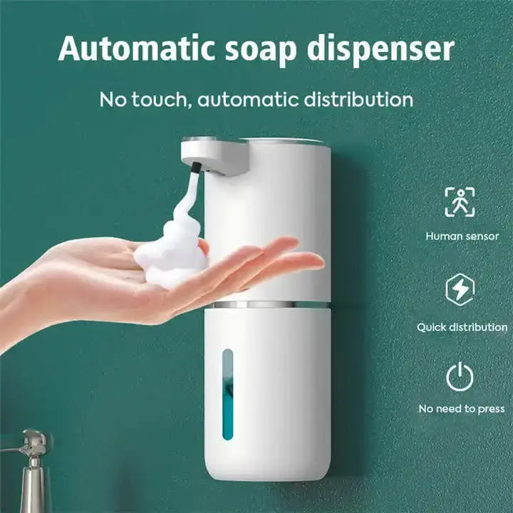 White Automatic Foaming Soap Dispenser with Rechargeable Battery, Touch Control, and 380ml Capacity - IPX5 Waterproof Femina Worldwide