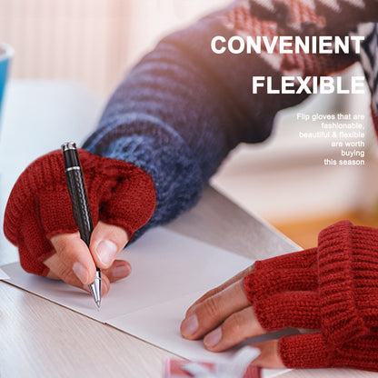 Wine Red Winter Convertible Mittens - Warm Knitted 2-in-1 Fingerless Gloves with Flip Top Cover for Cold Weather