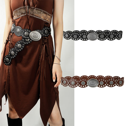 Black Vintage Western Post-Apocalyptic Women’s Waist Belt with Eyelet Oval Carvings