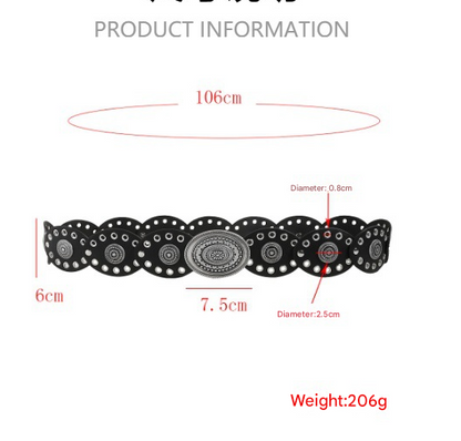 Red Brown Vintage Western Post-Apocalyptic Women's Waist Belt with Eyelet Oval Carvings