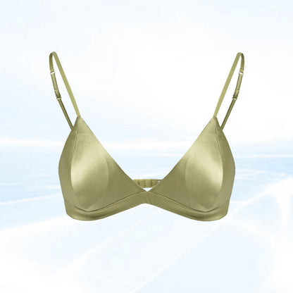 Size L Green French Style Mulberry Silk Wireless Bralette - Triangle Cup Anti-Sagging Bra for Fuller Busts, Lightweight Comfort