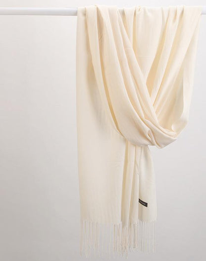 2pc Luxe Soft Imitation Cashmere Scarf - Warm Solid Tone Shawl with Elegant Fringe(Light white)