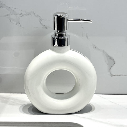 Modern Ceramic Soap & Lotion Dispenser - Unique Geometric Designs, 300ml Capacity(Donut lotion bottle milky white)