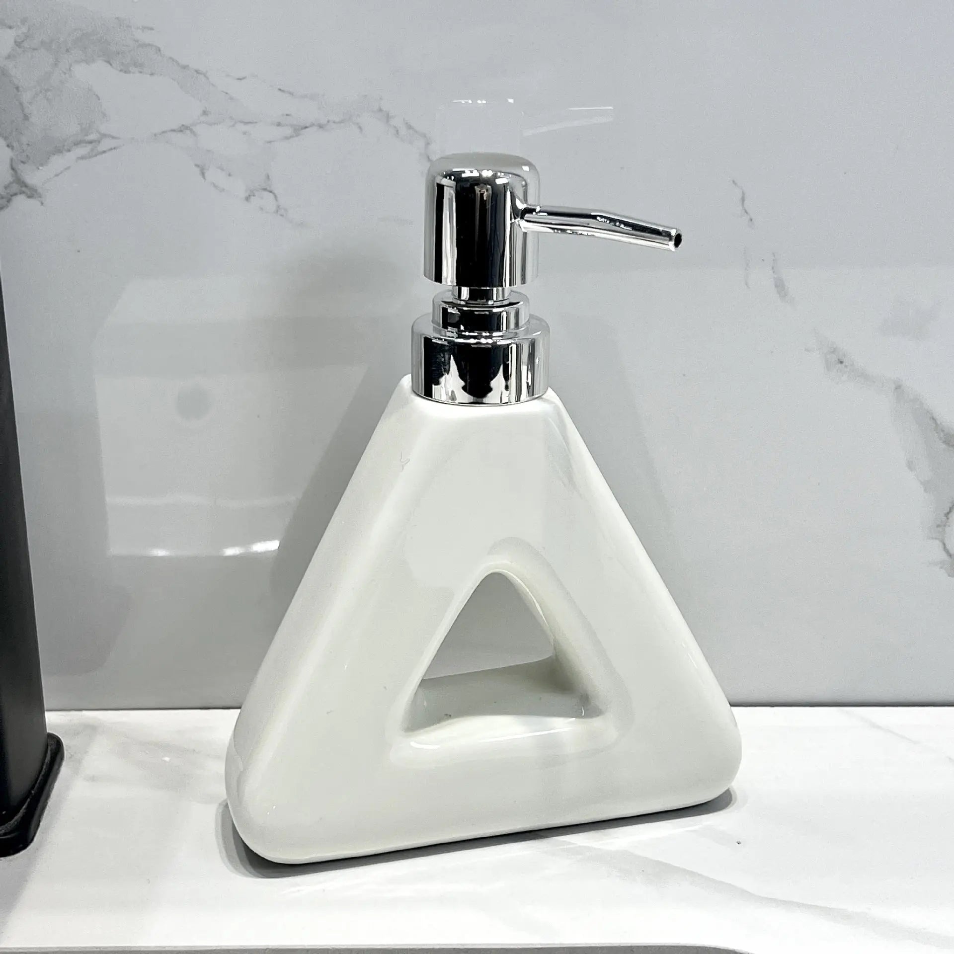 Modern Ceramic Soap & Lotion Dispenser - Unique Geometric Designs, 300ml Capacity(Triangular lotion bottle, milky white) Femina Worldwide