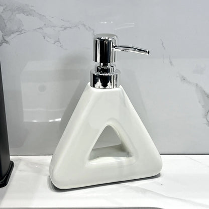 Modern Ceramic Soap & Lotion Dispenser - Unique Geometric Designs, 300ml Capacity(Triangular lotion bottle, milky white) Femina Worldwide