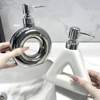 Modern Ceramic Soap & Lotion Dispenser - Unique Geometric Designs, 300ml Capacity(Triangular lotion bottle, milky white) Femina Worldwide