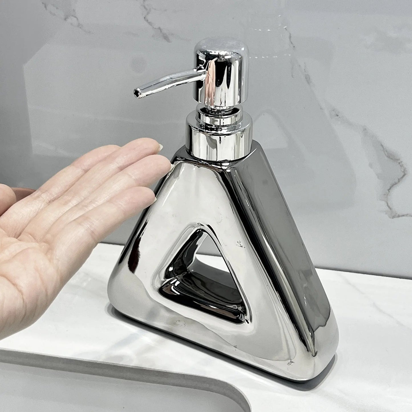 Modern Ceramic Soap & Lotion Dispenser - Unique Geometric Designs, 300ml Capacity(Triangular lotion bottle, milky white) Femina Worldwide