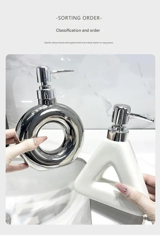 Modern Ceramic Soap & Lotion Dispenser - Unique Geometric Designs, 300ml Capacity(Triangular lotion bottle, milky white) Femina Worldwide