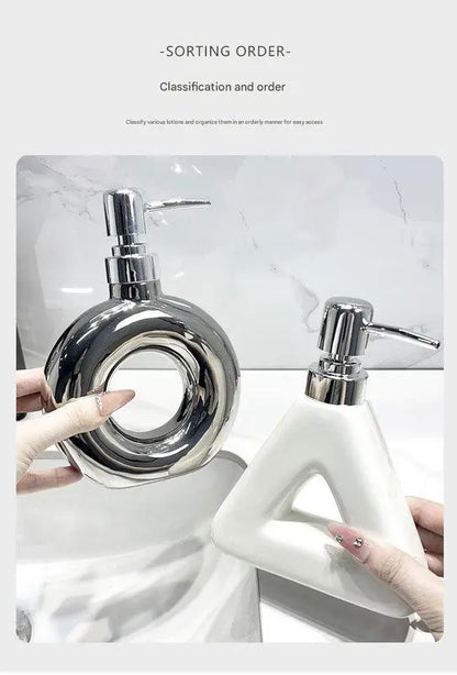 Modern Ceramic Soap & Lotion Dispenser - Unique Geometric Designs, 300ml Capacity(Triangular lotion bottle, milky white) Femina Worldwide