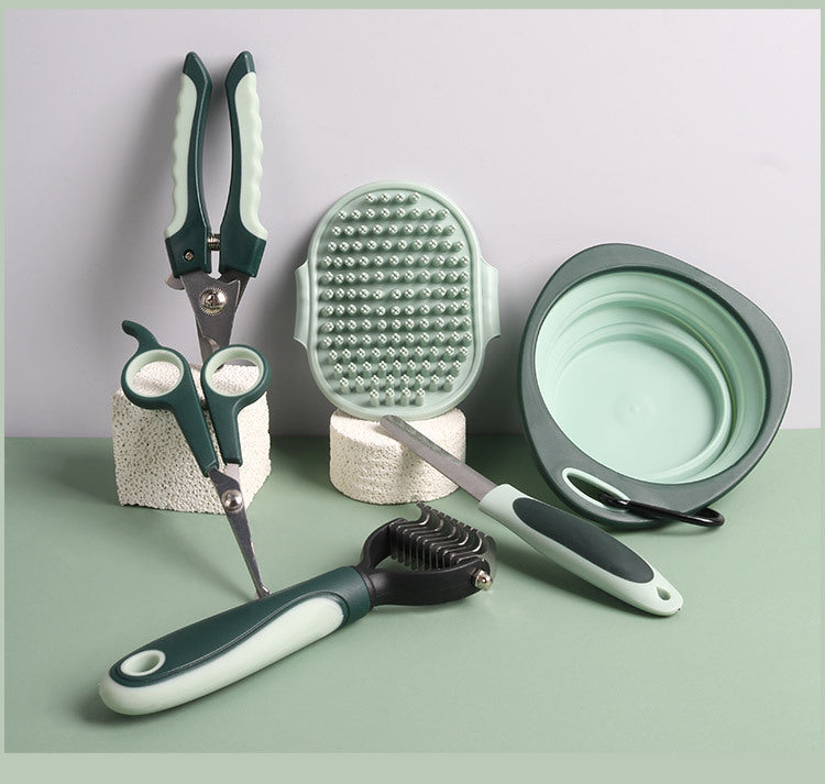 Grey and Green Complete 8-Piece Pet Grooming Kit - Essential Dog & Cat Care Tools with Brushes, Nail Clippers, Scissors & Portable Case