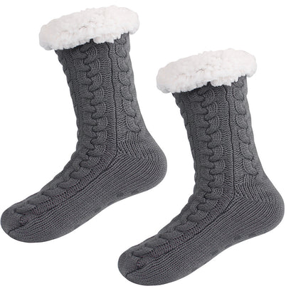 Grey  Women's Fuzzy Slipper Socks - Warm Fleece Lined Thermal Cable Knit Socks with Non-Slip Grips
