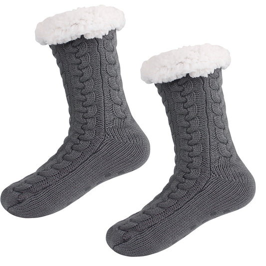 Grey  Women's Fuzzy Slipper Socks - Warm Fleece Lined Thermal Cable Knit Socks with Non-Slip Grips