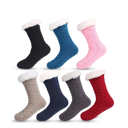 Grey  Women's Fuzzy Slipper Socks - Warm Fleece Lined Thermal Cable Knit Socks with Non-Slip Grips