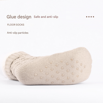 Red Women's Cozy Cable Knit Slipper Socks - Plush Fleece Lined Thermal Socks with Non-Slip Grips