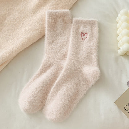 2-Piece Light Pink Women's Ultra-Soft Fuzzy Socks - Plush Chenille Thermal Crew Socks with Heart Embroidery