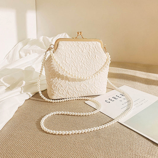White Elegant Vintage Kiss-Lock Purse with Pearl Straps - Textured Frame Clutch Bag