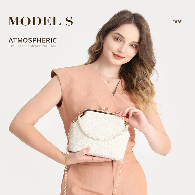 White Elegant Vintage Kiss-Lock Purse with Pearl Straps - Textured Frame Clutch Bag