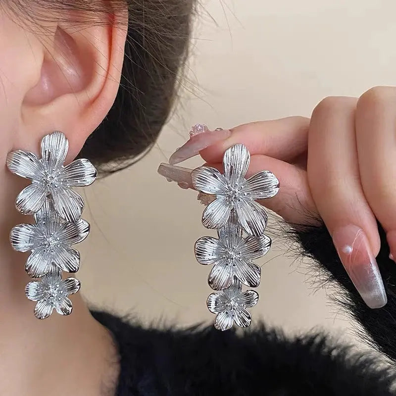 Sliver Textured Cascading Floral Statement Drop Earrings for Women Femina Worldwide
