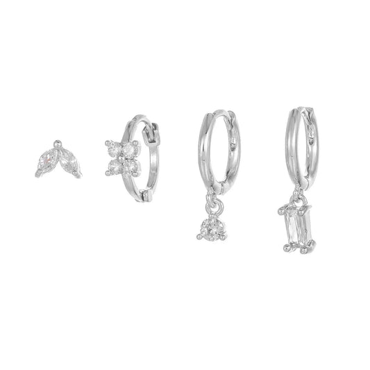 Four-piece set Silver Delicate CZ Earring Stacking Set - Huggie Hoops & Studs for Multiple Piercings Femina Worldwide