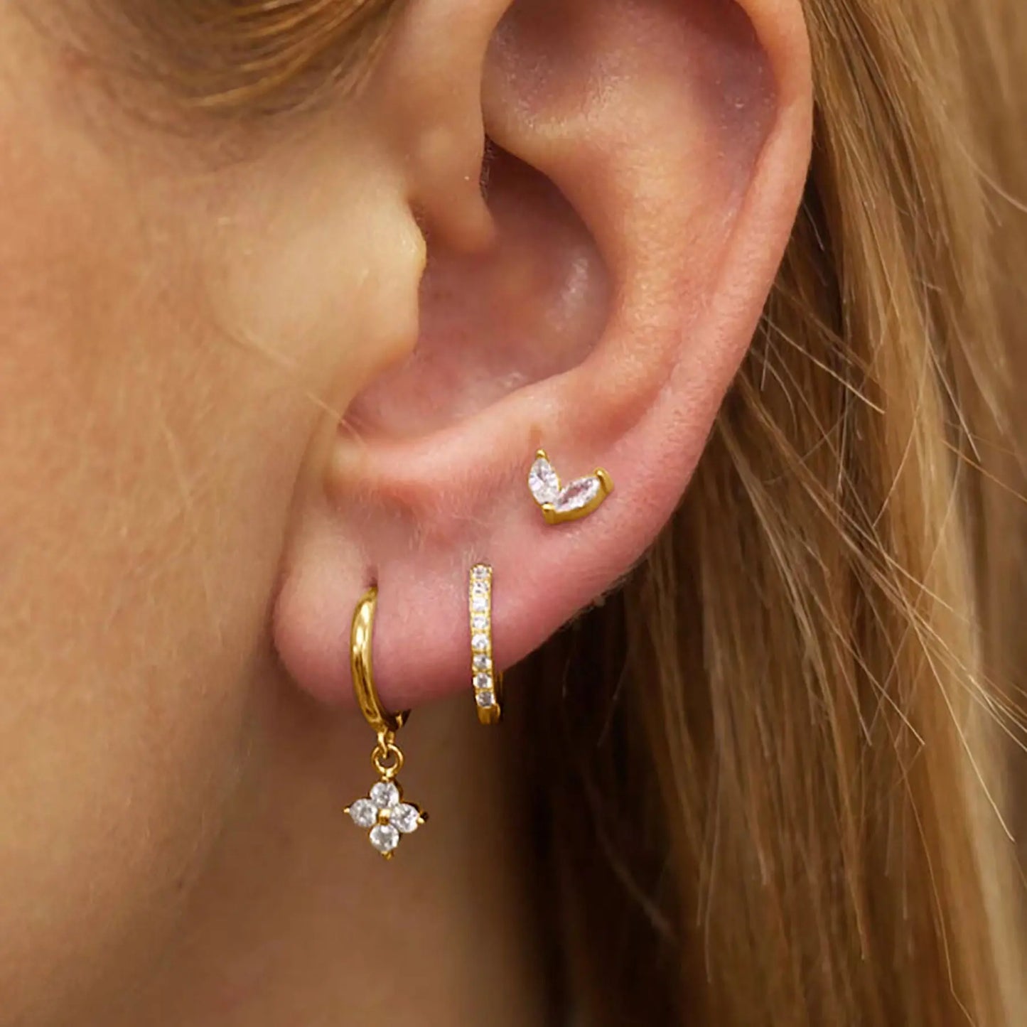 Three-piece set Gold Delicate CZ Earring Stacking Set - Huggie Hoops & Studs for Multiple Piercings Femina Worldwide