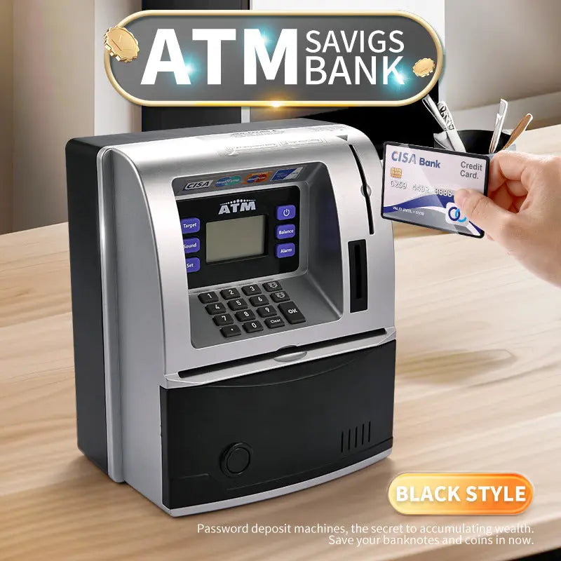 Black Digital ATM Savings Bank for Kids - Electronic Piggy Bank with PIN & Card for Real Money Femina Worldwide