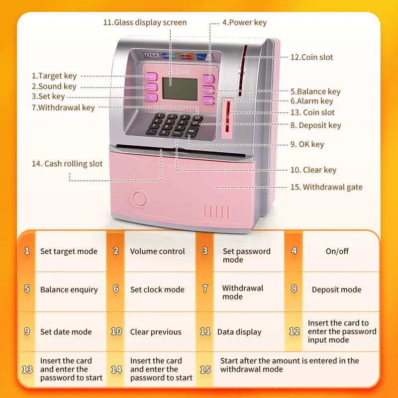 Black Digital ATM Savings Bank for Kids - Electronic Piggy Bank with PIN & Card for Real Money Femina Worldwide