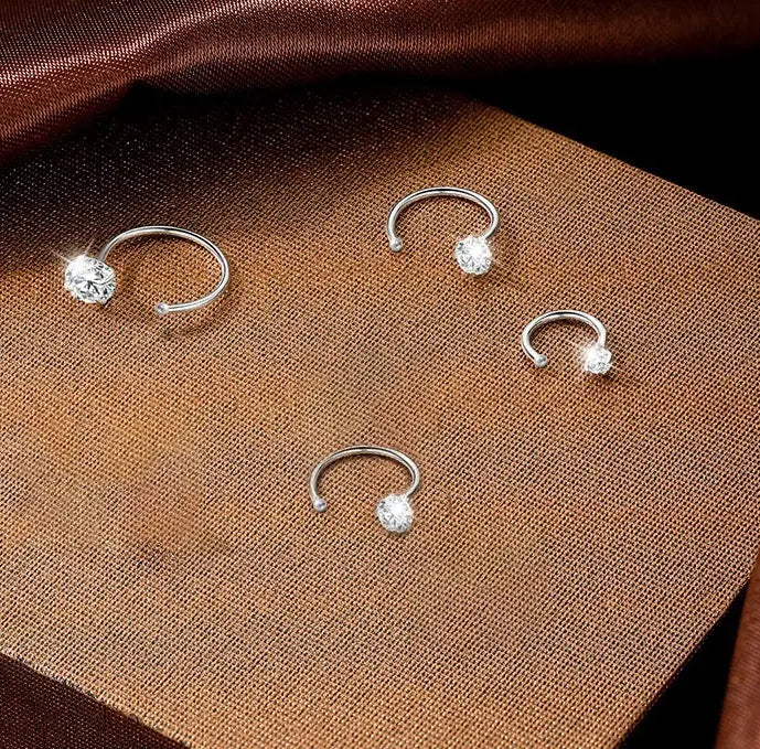 6mm  (4-Pair Set) Minimalist C-Shaped Hoop Earrings with CZ Studs - S999 Sterling Silver Femina Worldwide
