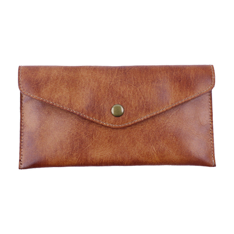Light Brown Vintage Japanese Style Full-Grain Leather Phone Wallet - Slim Envelope Clutch for Women