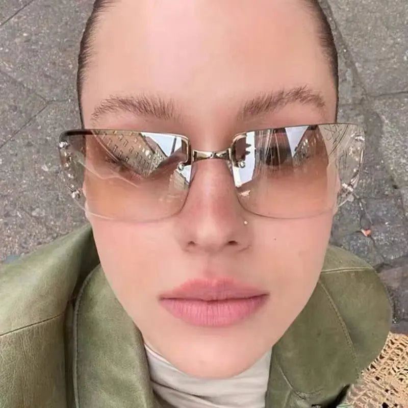 Y2K Rimless Butterfly UV400 Sunglasses for Women(Grey Gradient) - Bling Rhinestone Square Frameless, Sweet & Cool Fashion Femina Worldwide