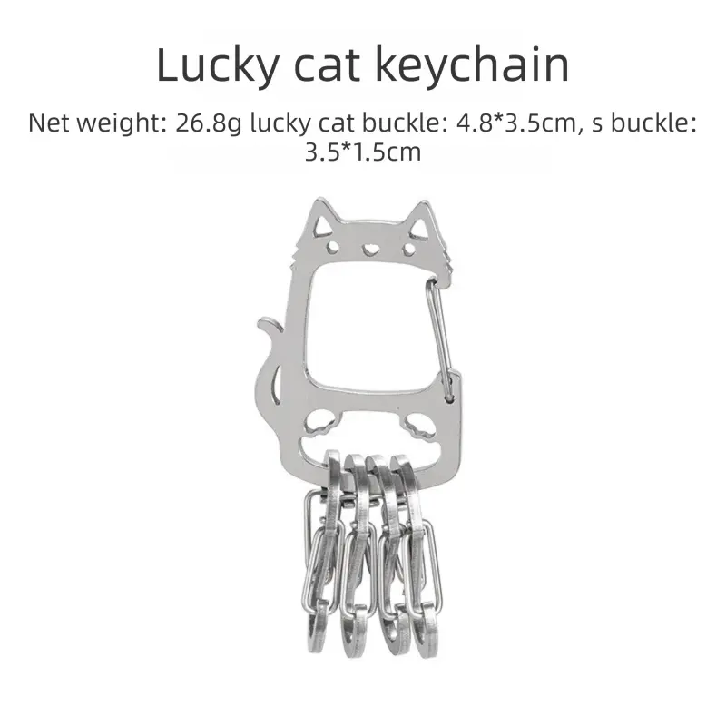 2-Pcs Lucky Cat Stainless Steel Keychain with S-Hooks - Durable & Portable Multi-Tool EDC Clip Femina Worldwide