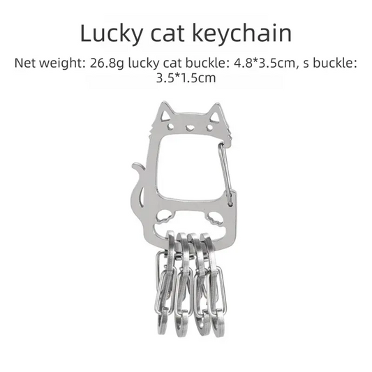 2-Pcs Lucky Cat Stainless Steel Keychain with S-Hooks - Durable & Portable Multi-Tool EDC Clip Femina Worldwide