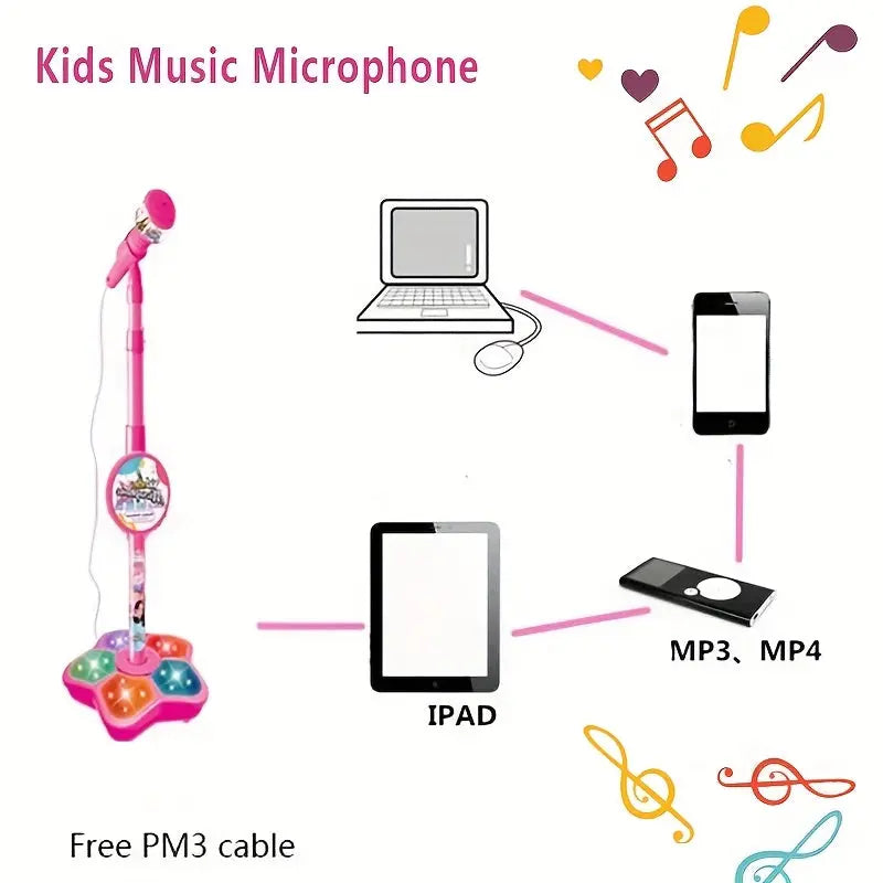 Kids Blue Karaoke Microphone & Adjustable Stand Toy - Portable Singing Machine Educational Musical Toy, Connects to Smartphones for MP3 Music Playback Femina Worldwide