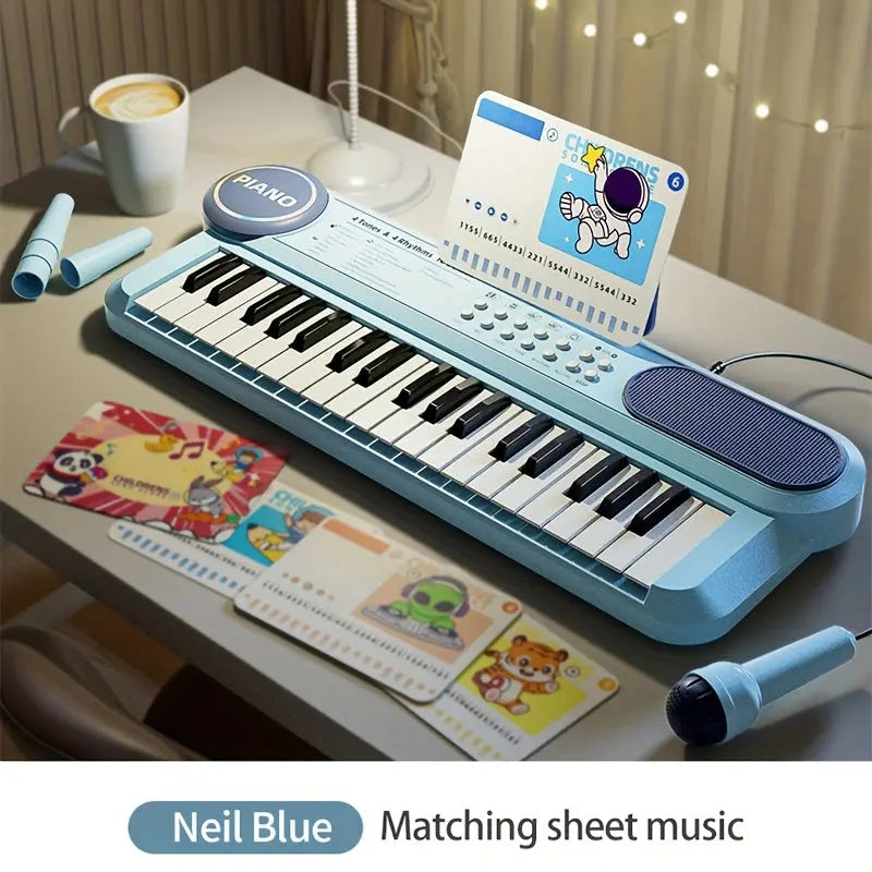 Portable Kids' Electronic Piano with Sheet Music and Microphone - Professional 37-Key Tactile Feedback, Support Recording & Multiple Performance Modes, Beginner-Friendly & Durable Musical Toy(Blue) Femina Worldwide
