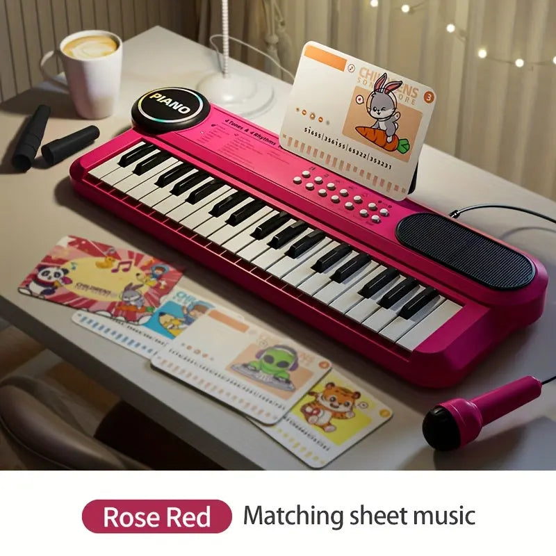 Portable Kids' Electronic Piano with Sheet Music and Microphone - Professional 37-Key Tactile Feedback, Support Recording & Multiple Performance Modes, Beginner-Friendly & Durable Musical Toy(Rose Red) Femina Worldwide