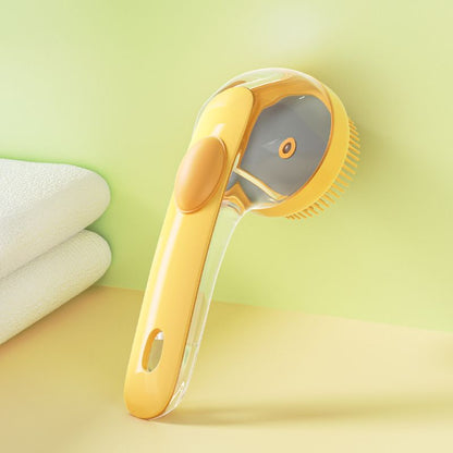 Yellow Pet Silicone Bath Brush with Shampoo Dispenser - Leak-Proof One-Touch Soap Release-Dog and Cat Grooming Massage Brush Soft Cleaning Scrubber for Bathing Shedding and Skin Care
