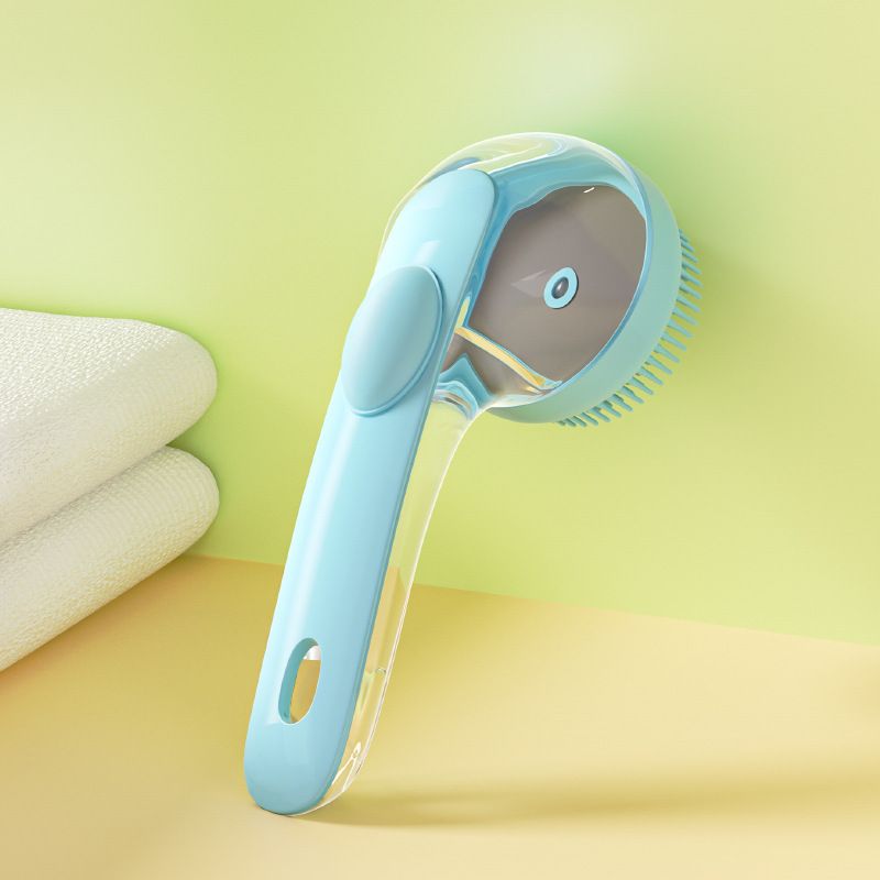 Blue Pet Silicone Bath Brush with Shampoo Dispenser - Leak-Proof One-Touch Soap Release-Dog and Cat Grooming Massage Brush Soft Cleaning Scrubber for Bathing Shedding and Skin Care