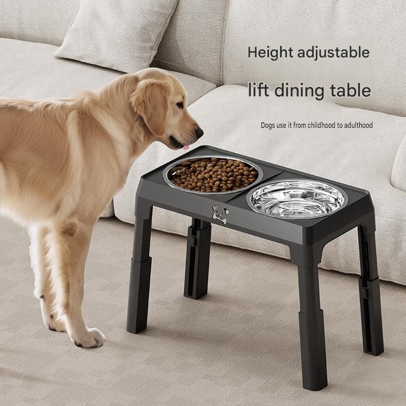 Pet Care Bundle Set – Black Adjustable Elevated Double Dog Bowl & White and Grey 2-in-1 Self-Cleaning Pet Grooming Comb, Stainless Steel Feeding Station and Deshedding Brush for Dogs & Cats