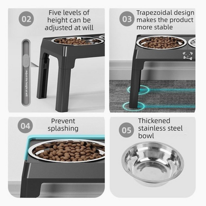 Pet Care Bundle Set – Black Adjustable Elevated Double Dog Bowl & White and Grey 2-in-1 Self-Cleaning Pet Grooming Comb, Stainless Steel Feeding Station and Deshedding Brush for Dogs & Cats