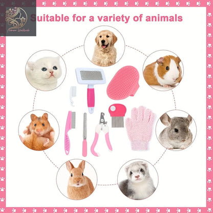 Pink 8-Piece Pet Grooming Kit - Nail Clippers, Slicker Brush, Flea Comb & Bath Glove for Dogs Cats Rabbits, Complete Home Care Pet Set